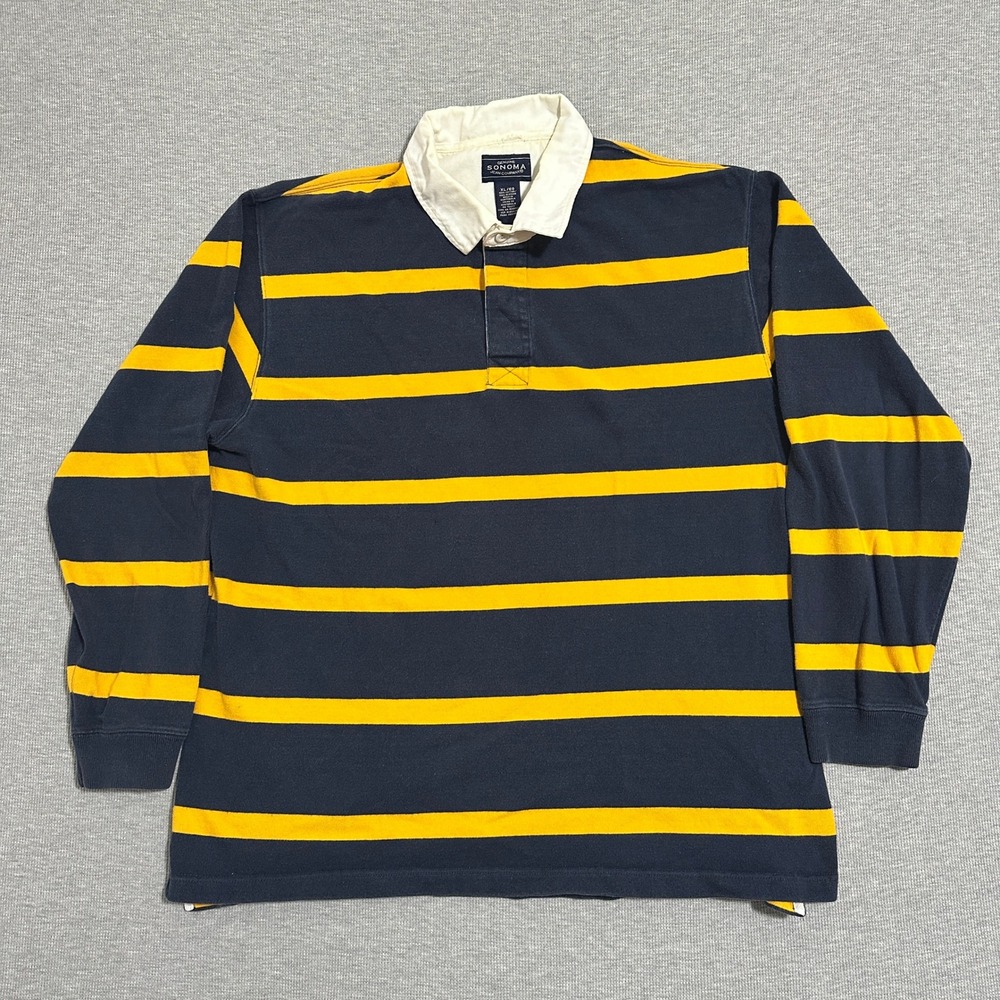 Sonoma Rugby Shirt Navy Blue Yellow Striped Long Sleeve Polo Cotton Mens XL